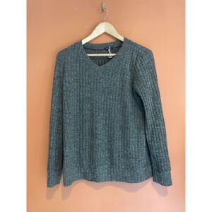 Charcoal Gray Ribbed V Neck Sweater Small Long Sleeve Casual Knit Pullover